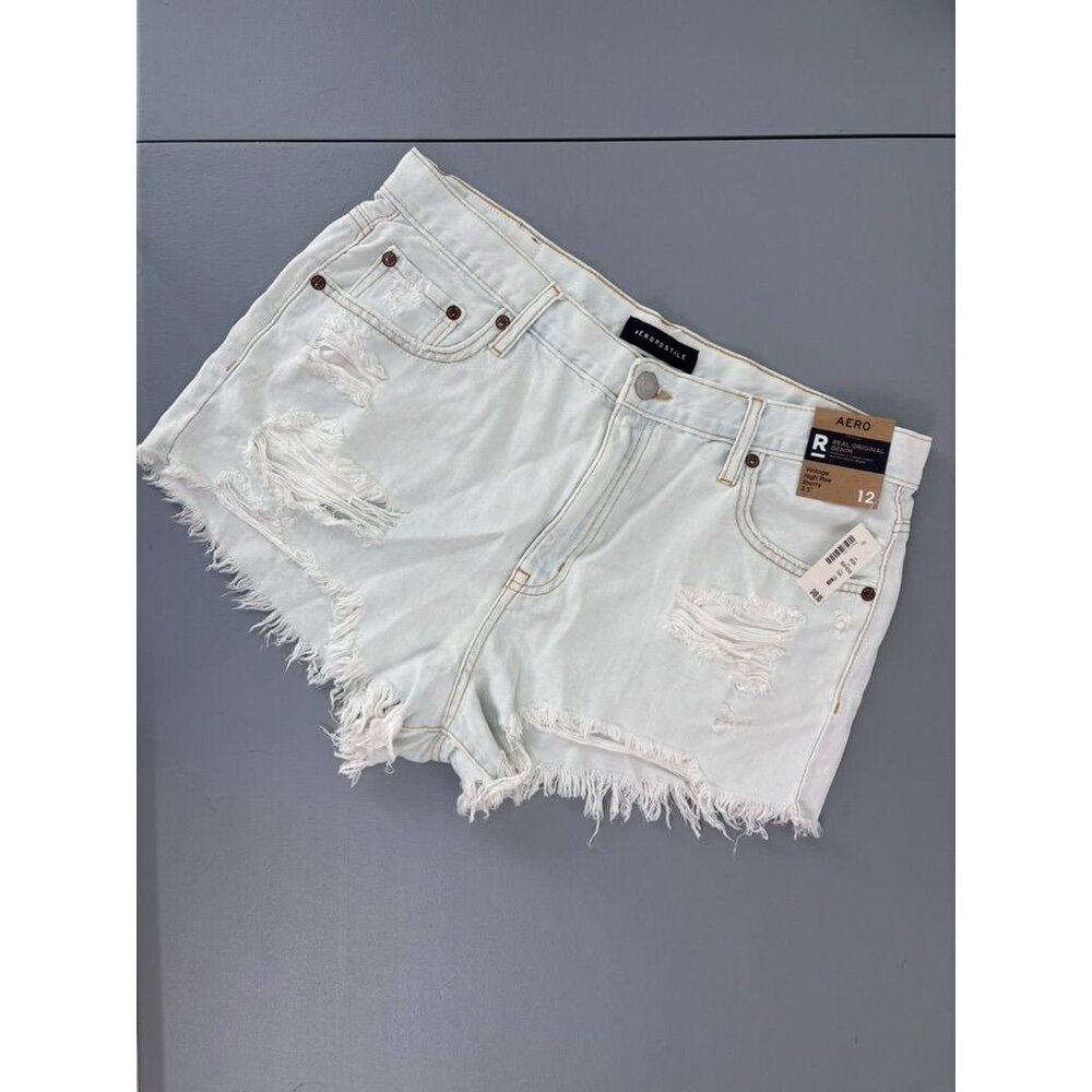 Aero women's 12 light wash vintage high rise shorties denim jean shorts NWT